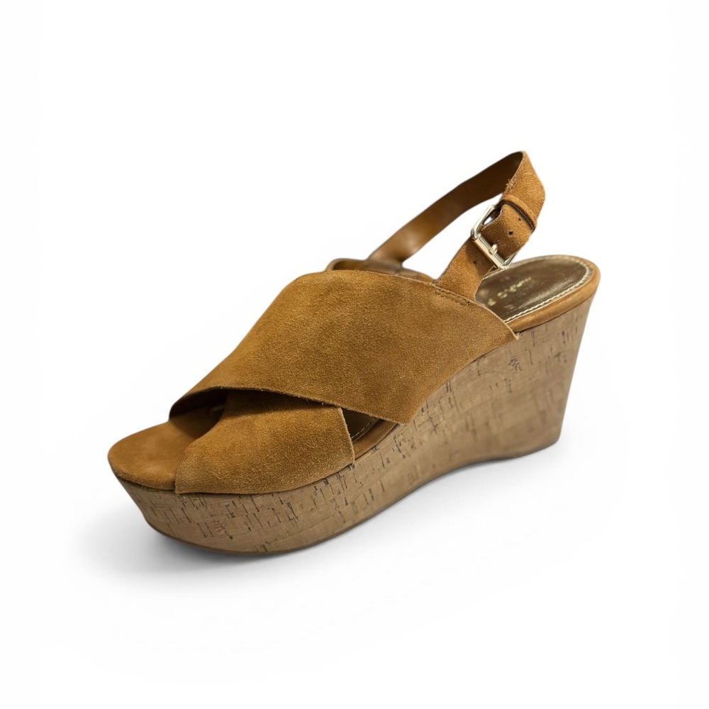 Mark Fisher Tan Suede Cork Wedge Sandals Women’s Size 8.5 Criss Cross Straps